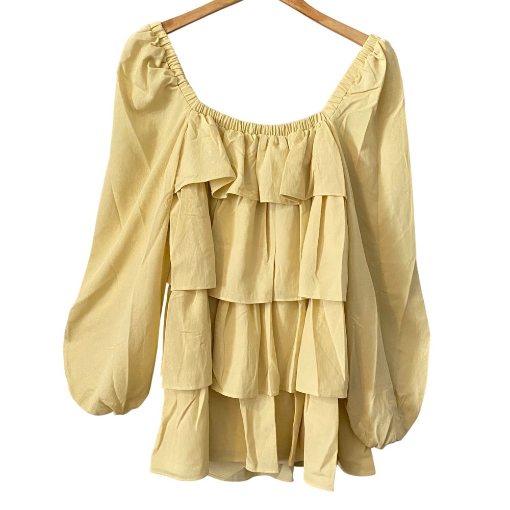 Revolve WeWoreWhat Women Yellow Tiered Ruffle Puff Sleeve Square Neck Dress Sz S - Picture 2 of 8